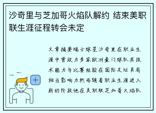 沙奇里与芝加哥火焰队解约 结束美职联生涯征程转会未定